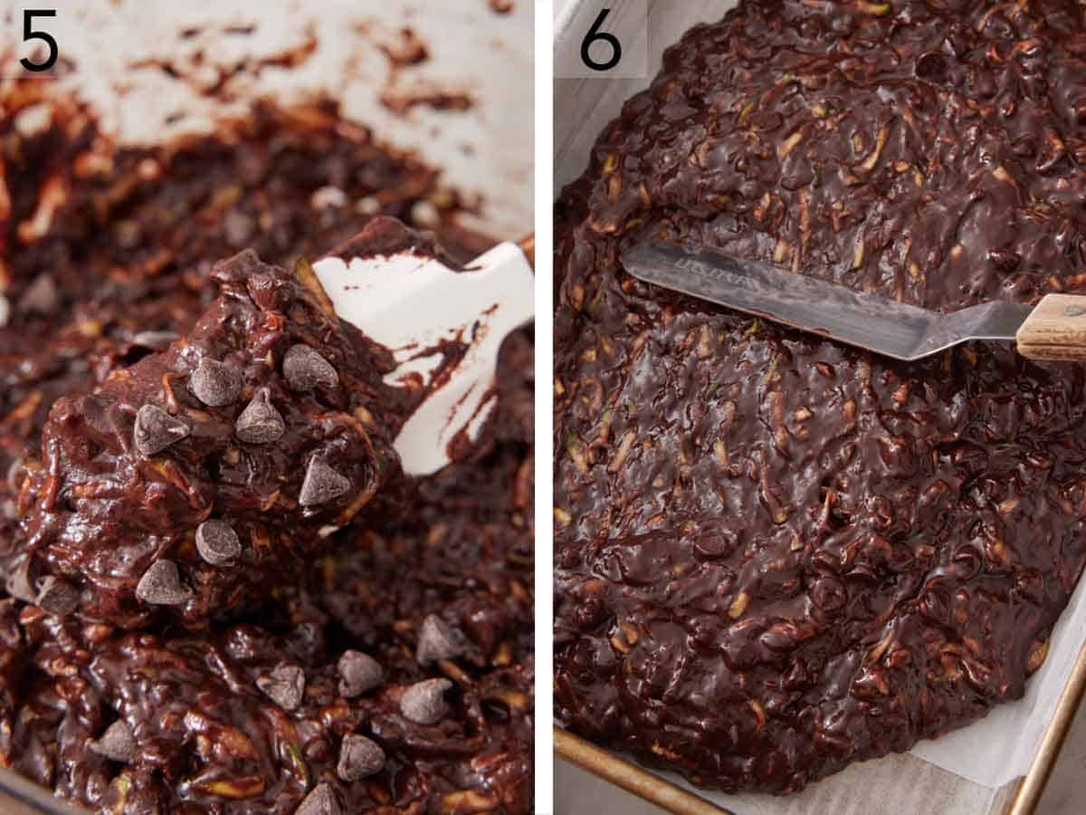 Set of two photos showing chocolate chips folded into batter and spread into a baking pan.
