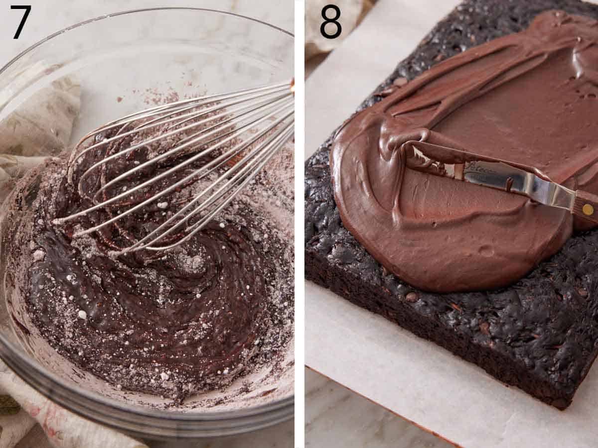 Set of two photos showing frosting whisked together and spread over the baked brownie slab.