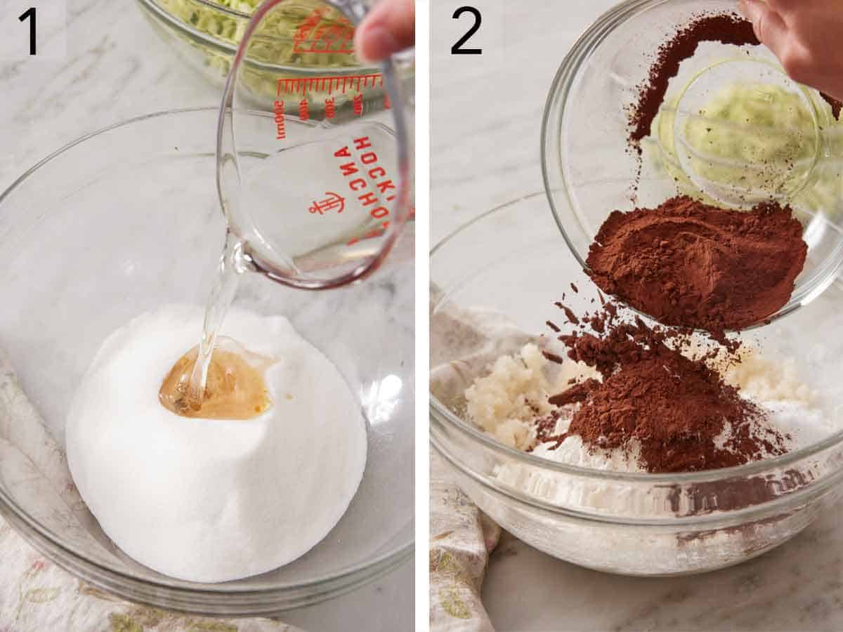Set of two photos showing oil added to sugar and then cocoa powder poured into the bowl.