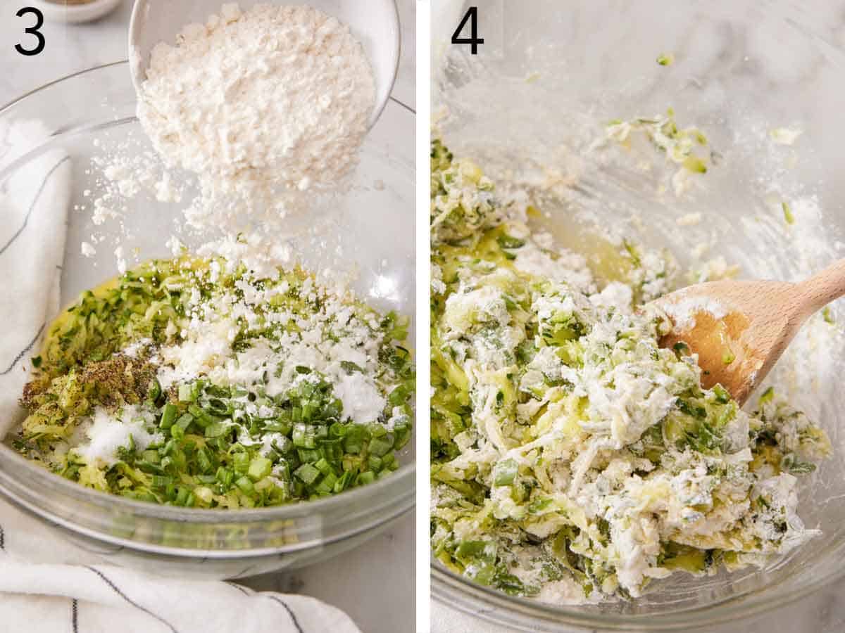 Set of two photos showing four and green onions added to the bowl of zucchini and stirred.