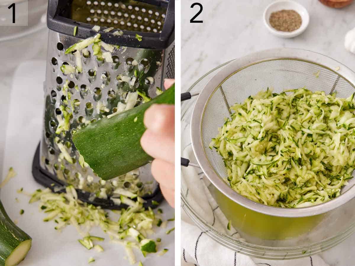 Set of two photos showing a zucchini grated and strained.