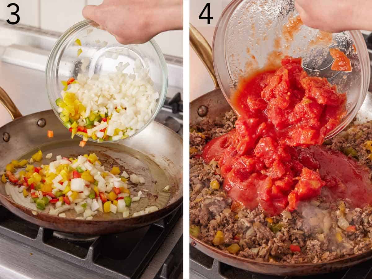 Set of two photos showing filling ingredients added to a skillet and cooked.