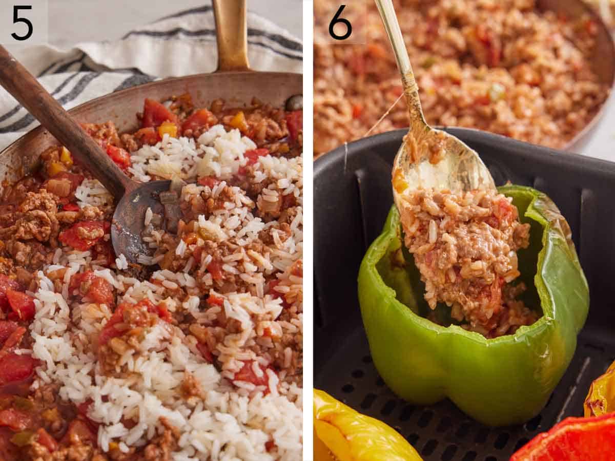 Set of two photos showing rice stirred into the skillet and filling transferred into the peppers.