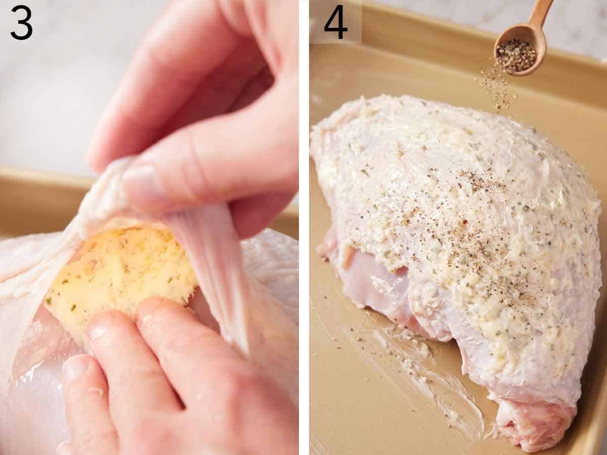 Set of two photos showing butter spread under and over the turkey skin then topped with pepper.