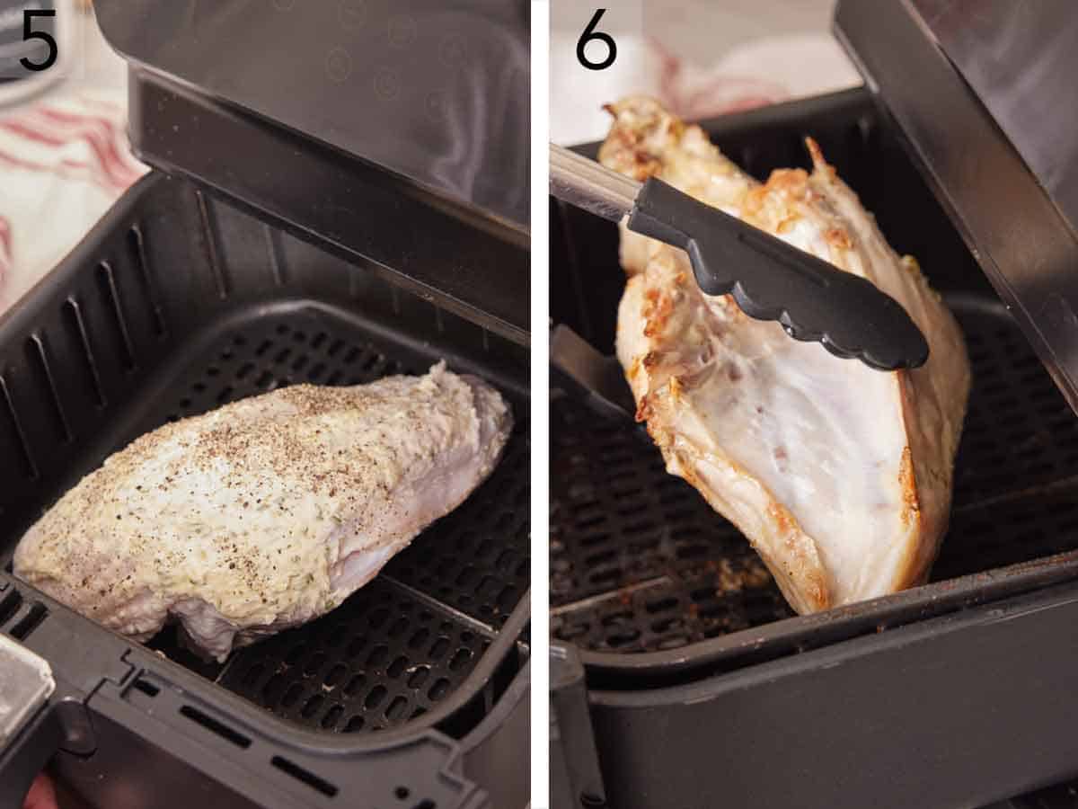 Set of two photos showing a turkey breast going into an air fryer and then flipped.