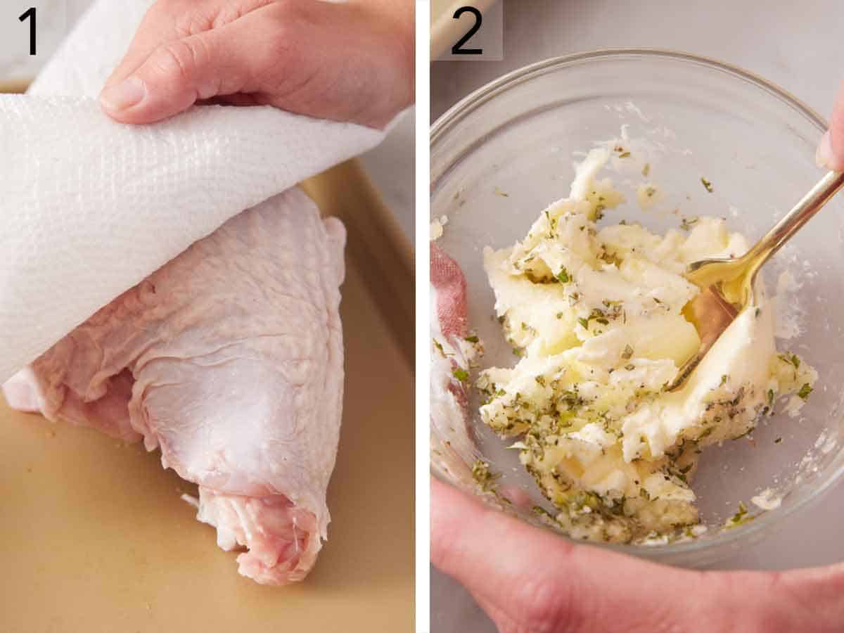 Set of two photos showing the meat patted dry with a paper towel and butter mixed with rosemary and garlic in a bowl.