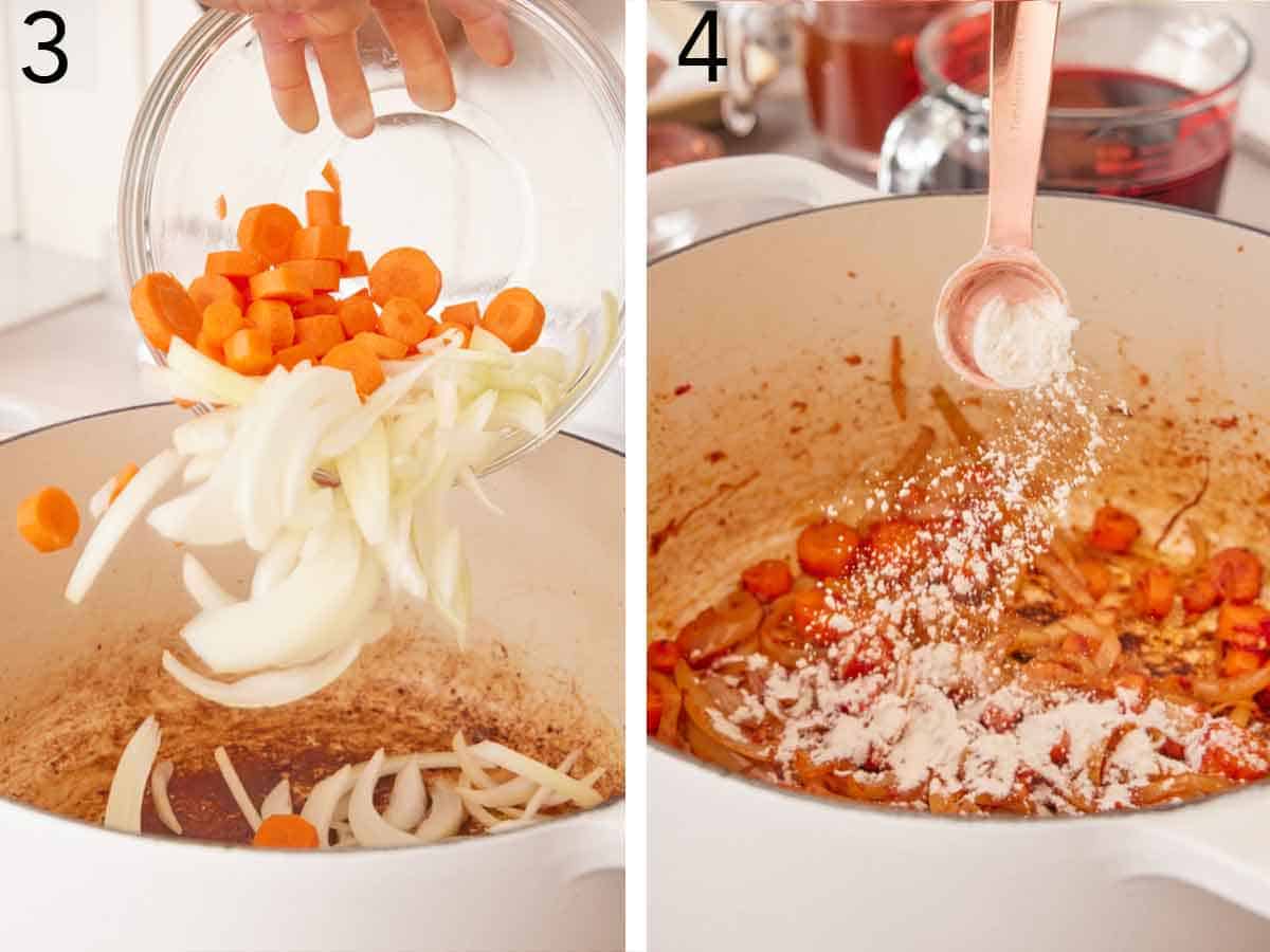 Set of two photos showing onions and carrots added to a pot and the flour added.