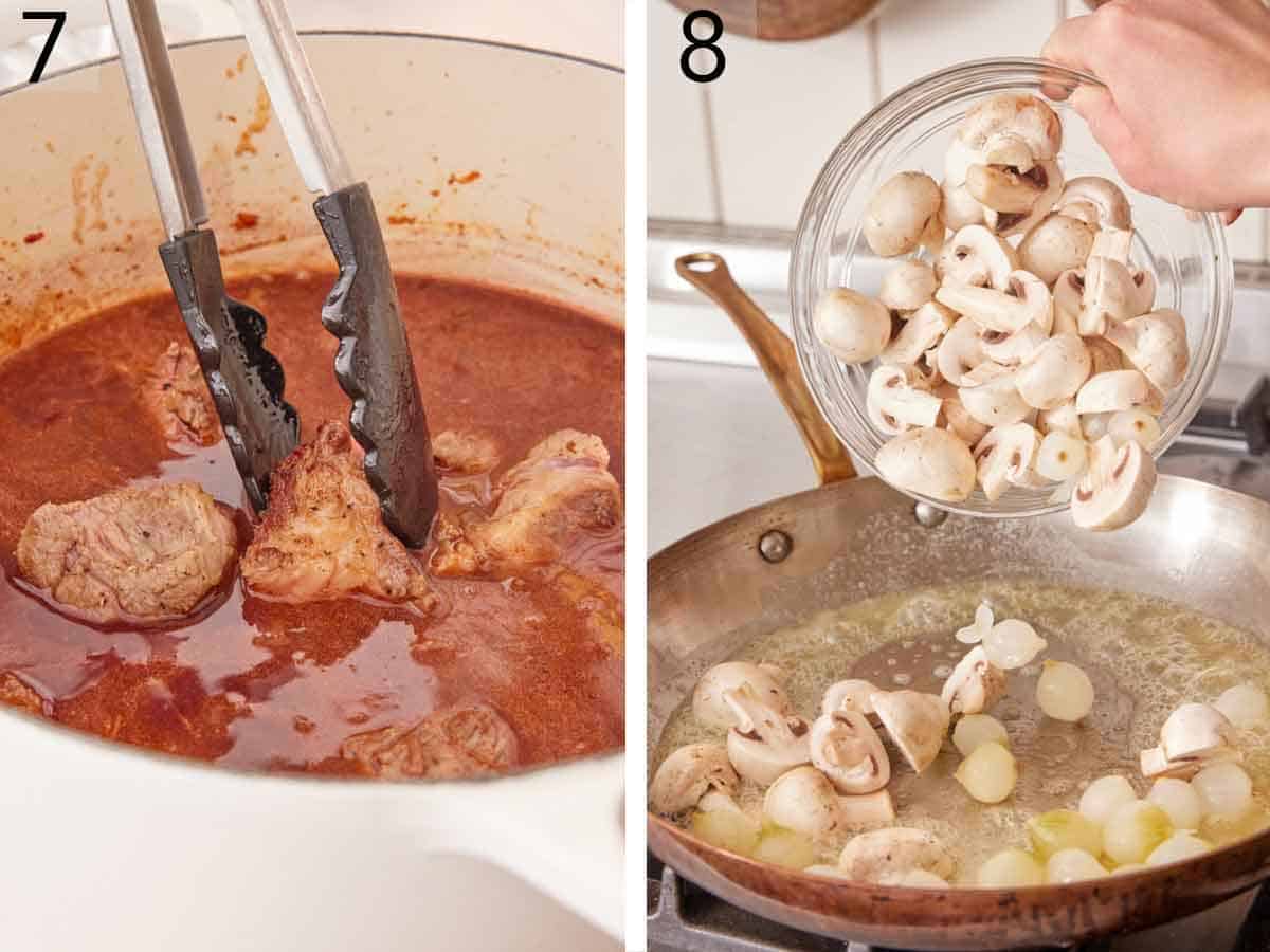 Set of two photos showing browned beef added to the pot and mushrooms and onions added to a skillet with butter.
