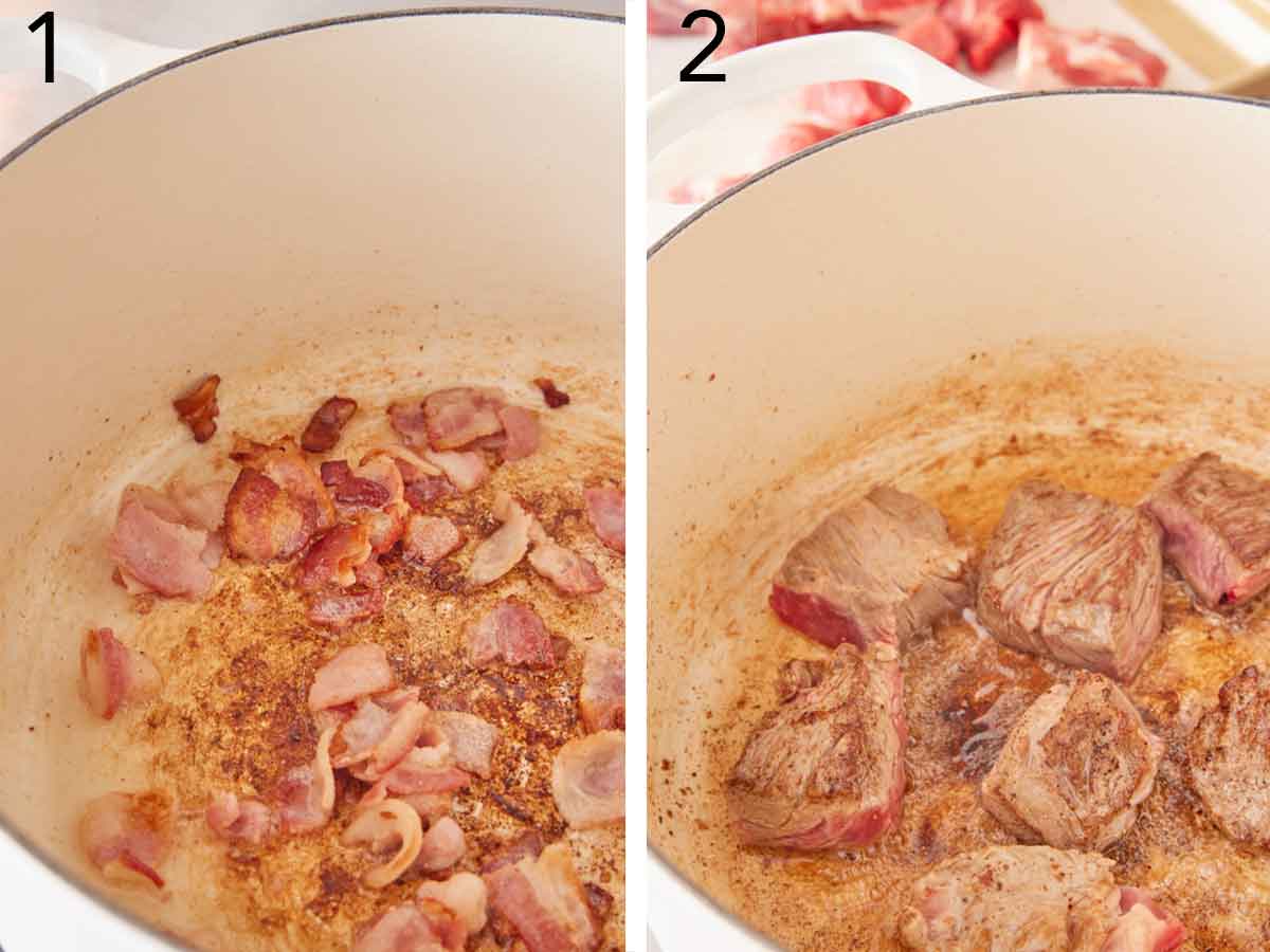 Set of two photos showing bacon cooked in a pot and beef browned.