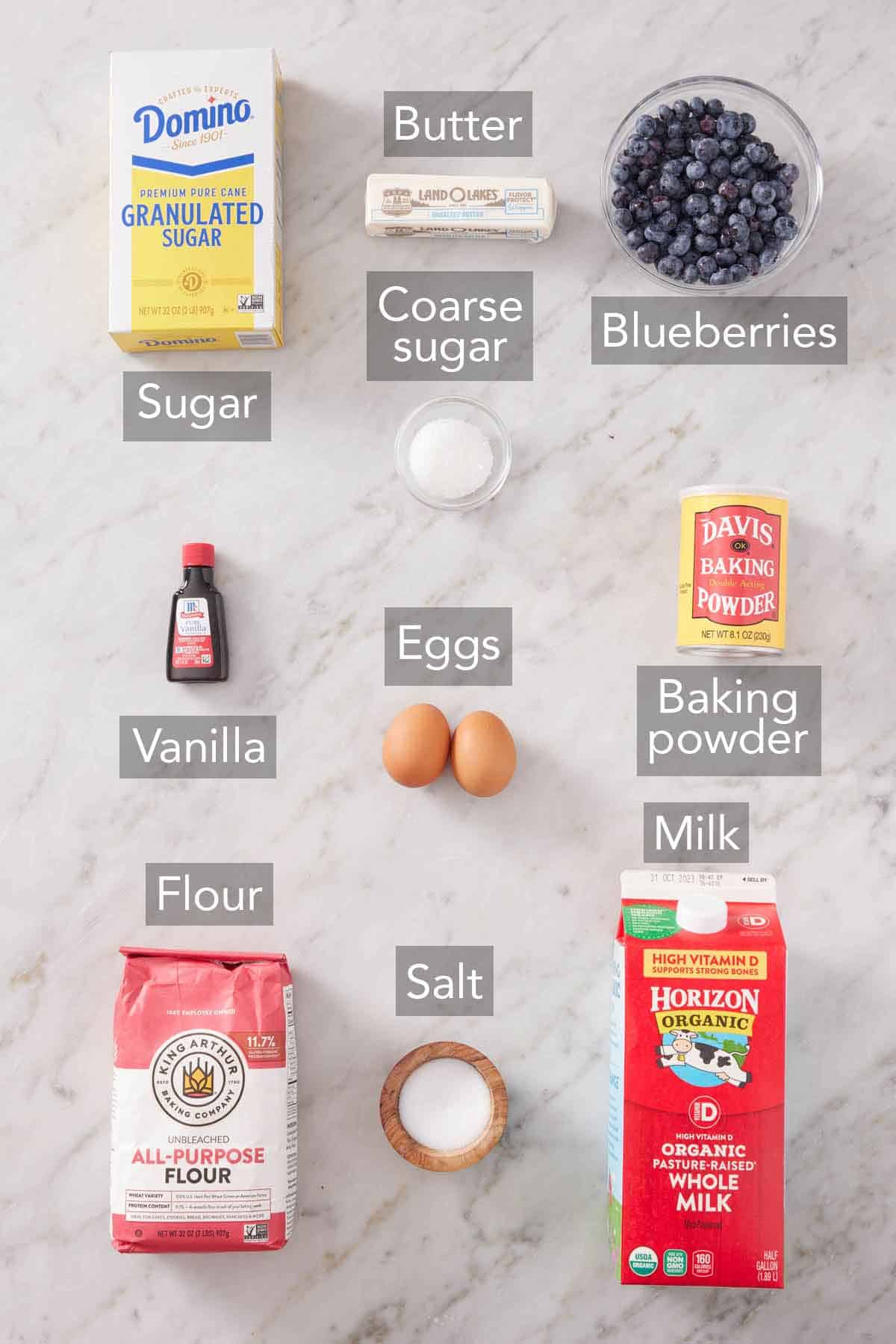 Ingredients needed to make blueberry muffins.