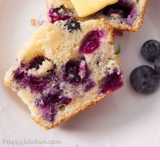 Pinterest graphic of an overhead view of a blueberry muffin cut in half with a knob of butter on top.