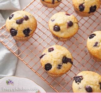 Pinterest graphic of an overhead view of blueberry muffins on a cooling rack.