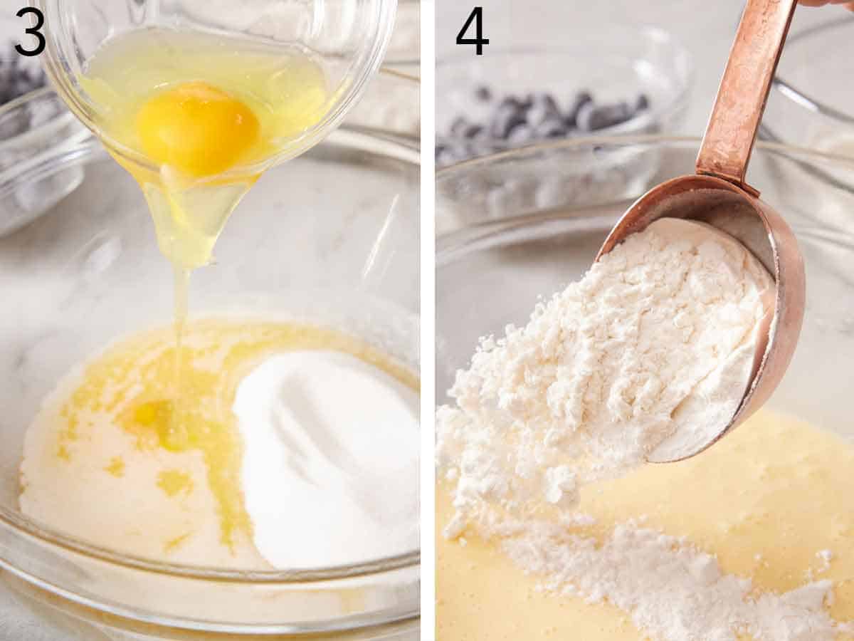 Set of two photos showing sugar, butter, and eggs added to a bowl and the dry ingredients added.