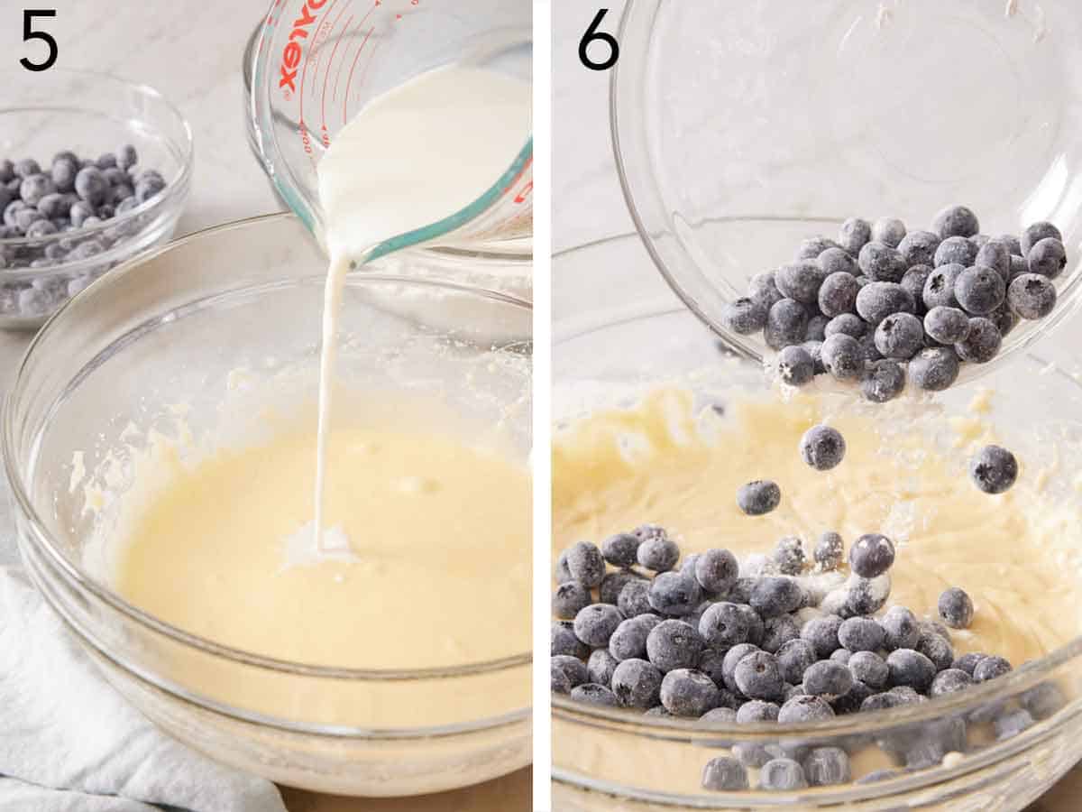 Set of two milk poured into the bowl of batter and blueberries added.