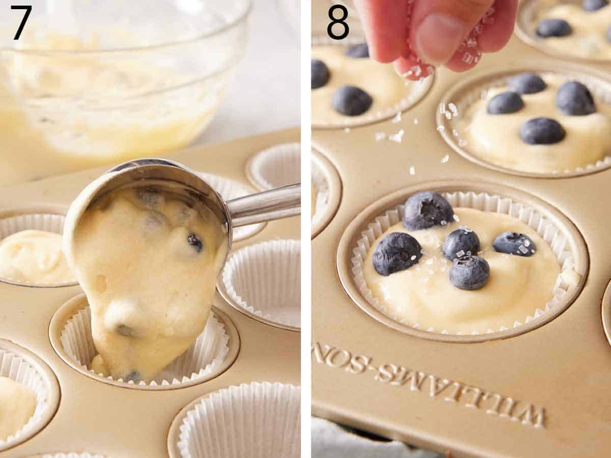 Set of two photos showing batter scooped into a lined muffin pan and additional berries and coarse sugar sprinkled on top.