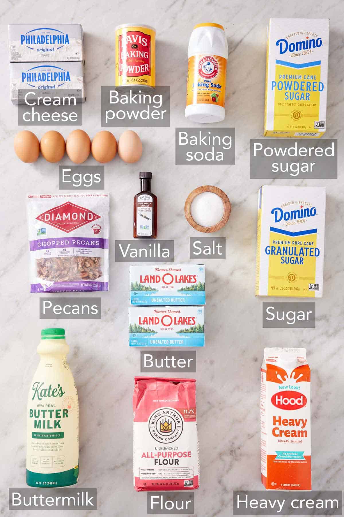 Ingredients needed to make butter pecan cake.