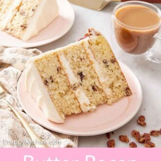 Pinterest graphic of two slices of butter pecan cake on individual plates with a glass of coffee.