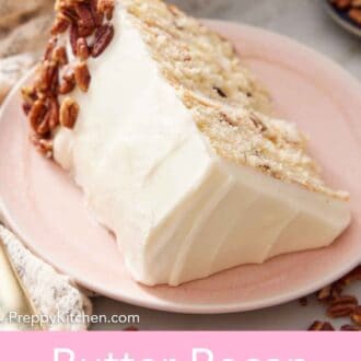 Pinterest graphic of a slice of butter pecan cake on a pink plate with pecans pressed onto part of the frosting.