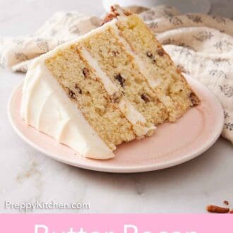 Pinterest graphic of a slice of butter pecan cake on its side on a plate, showing the three cake layers and frosting.