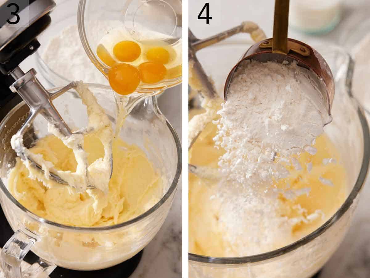 Set of two photos showing eggs and flour mixture added to batter in a mixing bowl.