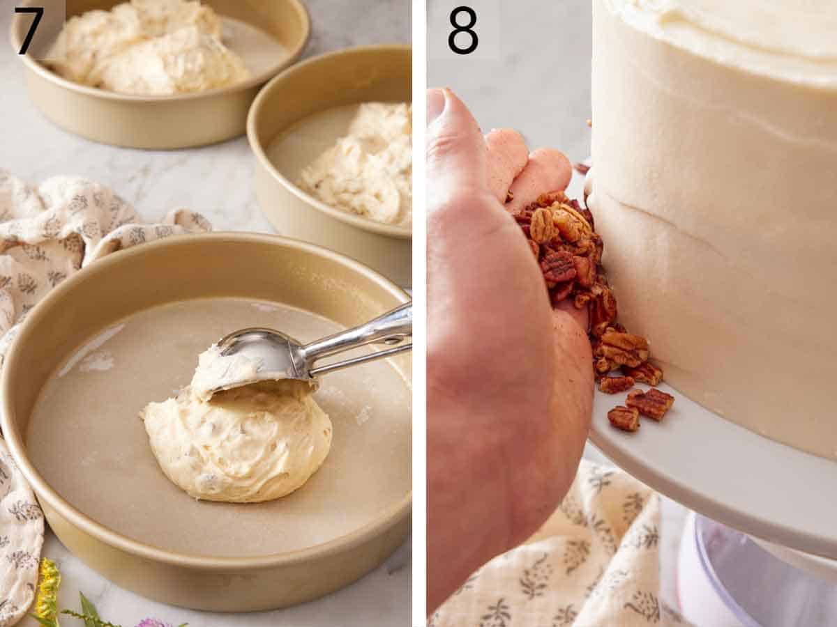 Set of two photos showing batter scooped into baking pans and pecans pressed onto the outside of a frosted cake.