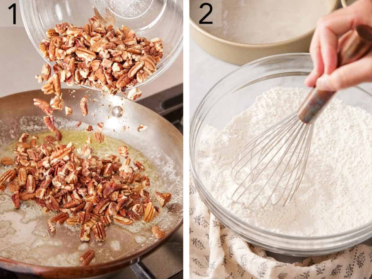 Set of two photos showing pecans added to a skillet of butter and dry ingredients whisked together in a bowl.