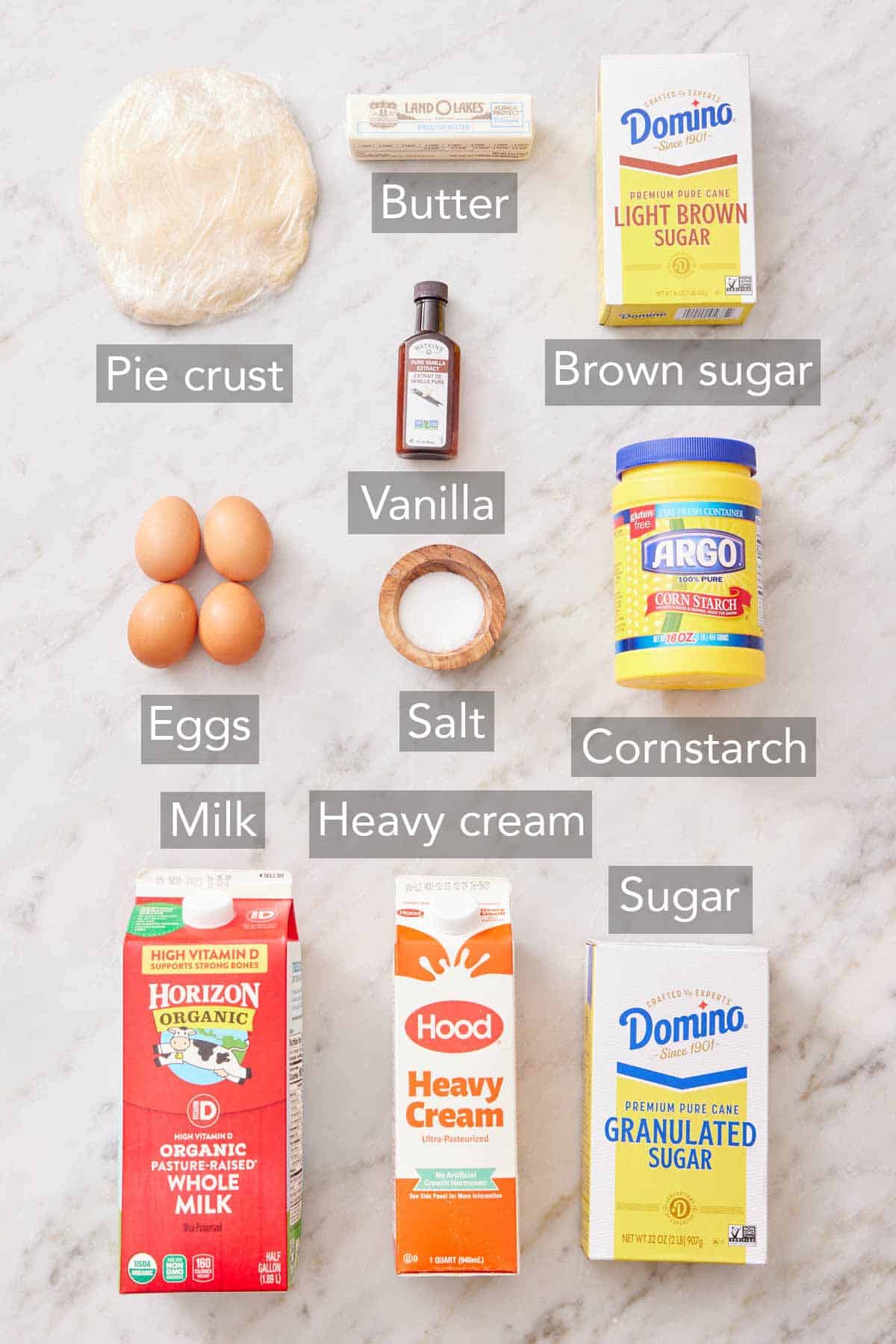 Ingredients needed to make butterscotch pie.