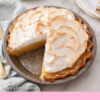Pinterest graphic of a baking dish of butterscotch pie with a slice cut out and plated in the background.