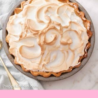 Pinterest graphic of a slightly overhead view of a butterscotch pie in its baking dish.