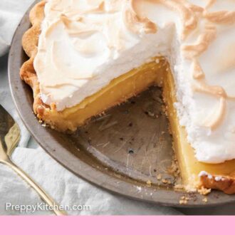 Pinterest graphic of a butterscotch pie in its baking dish with a slice cut out.