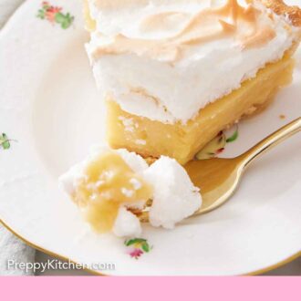 Pinterest graphic of a slice of butterscotch pie on a plate with the tip on the fork.