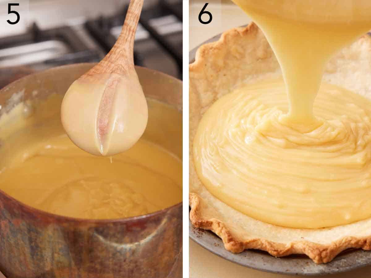 Set of two photos showing filling cooked and texture shown on a spoon and then poured into a pie crust.