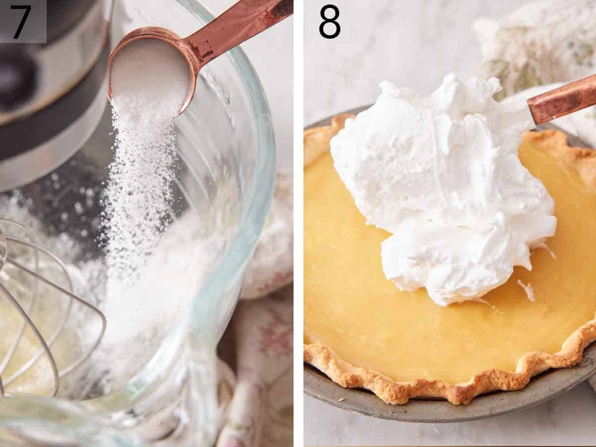 Set of two photos showing sugar added to a mixer and meringue added to the top of the pie.