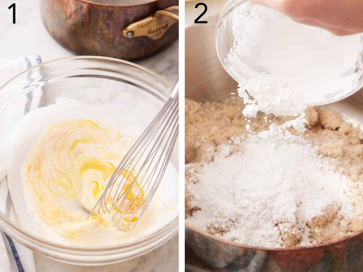 Set of two photos showing egg yolks and milk whisked together and cornstarch added to brown sugar in a pot.