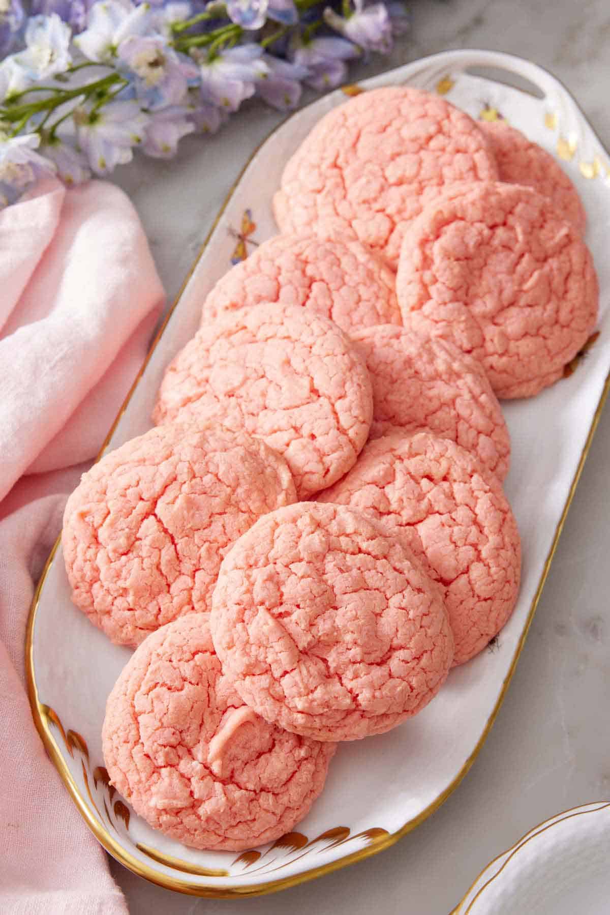 A platter of pink cake mix cookies.