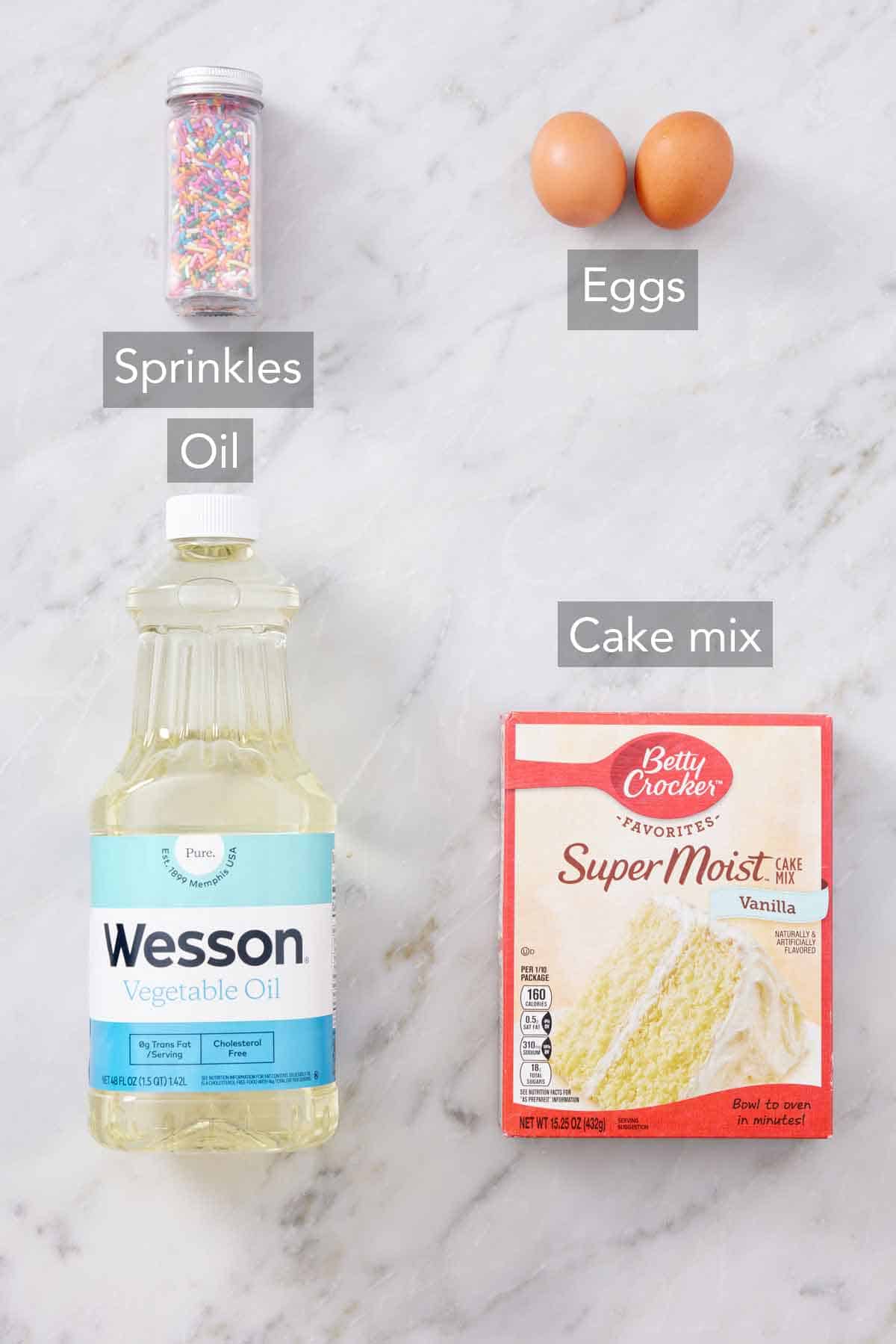 Ingredients needed to make cake mix cookies.