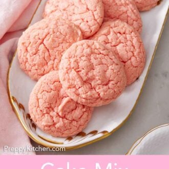 Pinterest graphic of a platter of pink cake mix cookies.