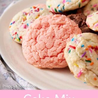 Pinterest graphic of a plate of cake mix cookies with different add-ins.