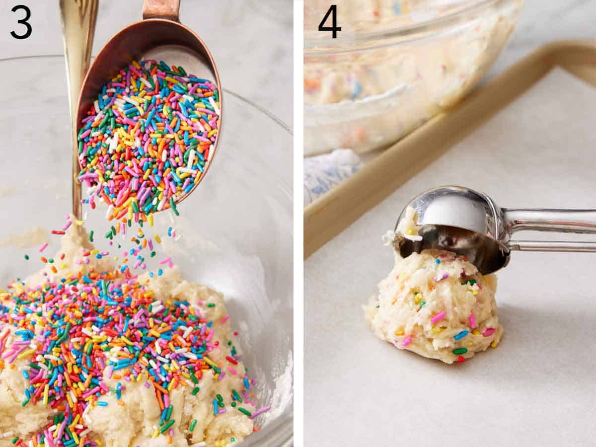 Set of two photos showing sprinkles added to batter and dough scooped onto a lined sheet pan.