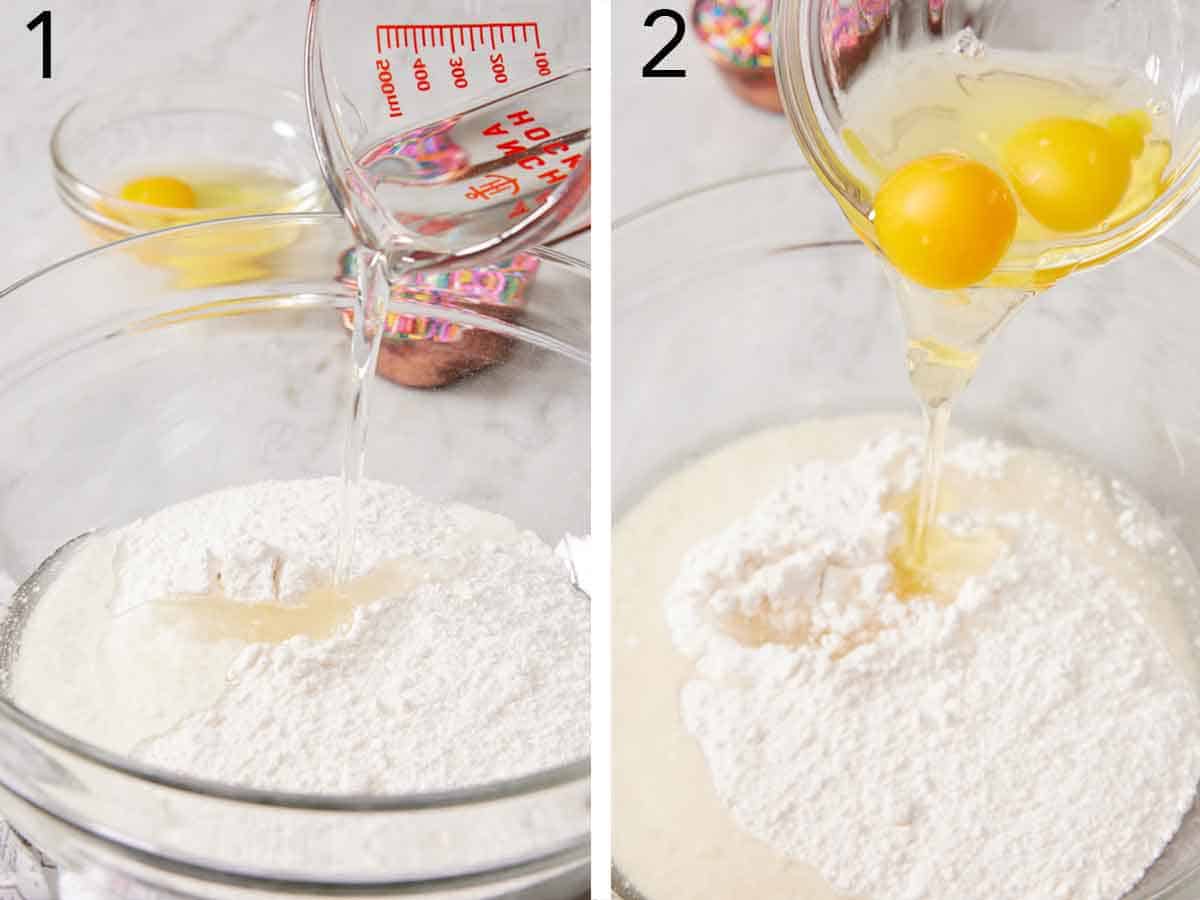 Set of two photos showing oil and eggs added to a bowl of cake mix.