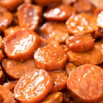 Close up view of candied yams.