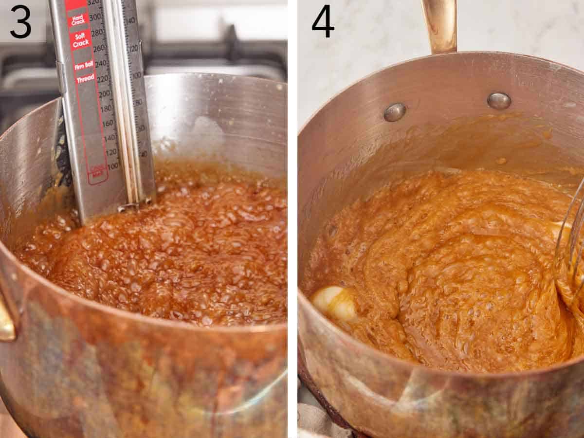 Set of two photos showing a candy thermometer inside a pot of caramel bubbling and the mixture whisked.