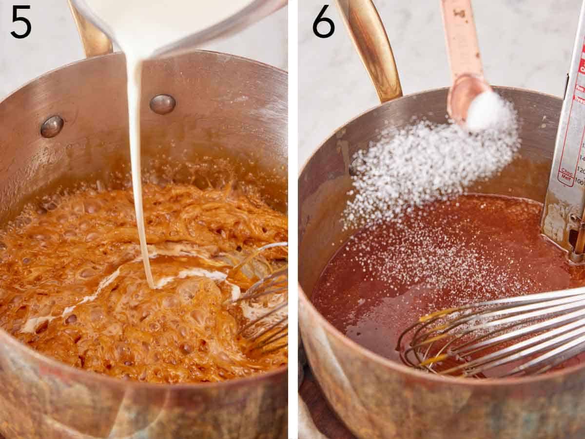 Set of two photos showing cream and salt added to the pot.