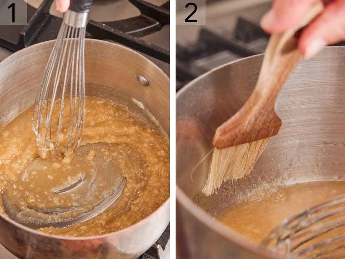 Set of two photos showing ingredients whisked together in a pot and a wet brush brushing the side of the pot.