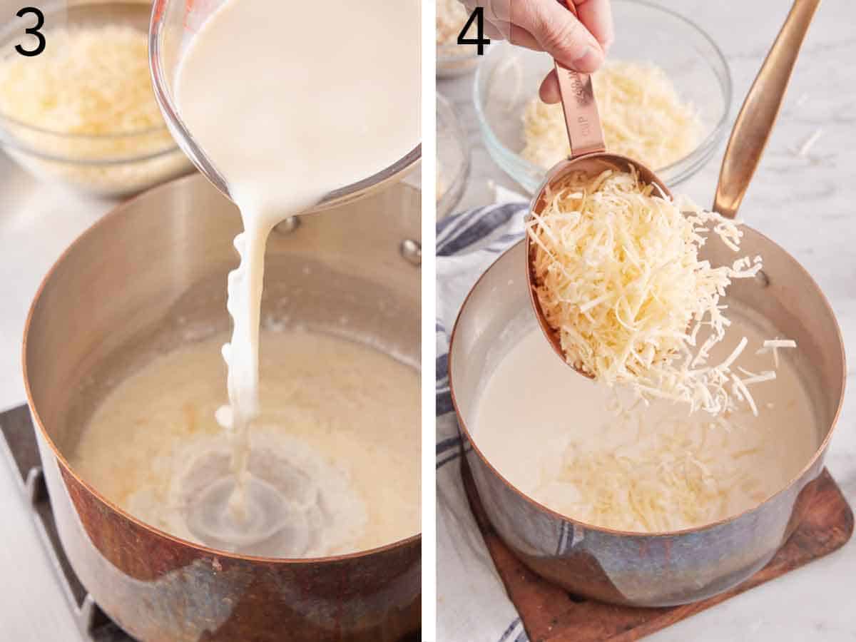 Set of two photos showing milk and shredded cheese added to the saucepan.