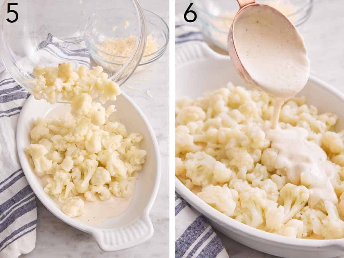 Set of two photos showing cauliflower added to a baking dish and topped with the cheese sauce.