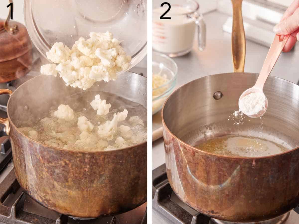 Set of two photos showing cauliflower added to a pot of water and flour added to a saucepan.