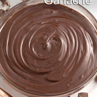 Pinterest graphic of a bowl of chocolate ganache with chopped chocolate off to the side.