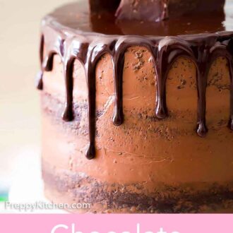 Pinterest graphic of a cake with chocolate dripping over the top.