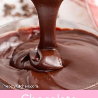 Pinterest graphic of chocolate ganache drizzling off a spoon into a bowl.